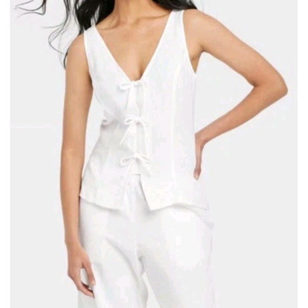 Women's Linen Tie V-Neck Blouse – A New Day™ White NWT Sz S